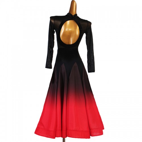 Black with red gradient color competition ballroom dance dress for women girls waltz tango long length foxtrot dance dresses